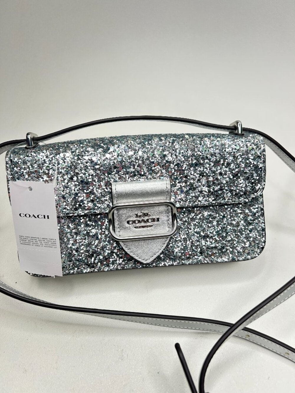 NWT COACH Morgan Crossbody / Clutch Bag in Silver Glitter Leather CO925 $360